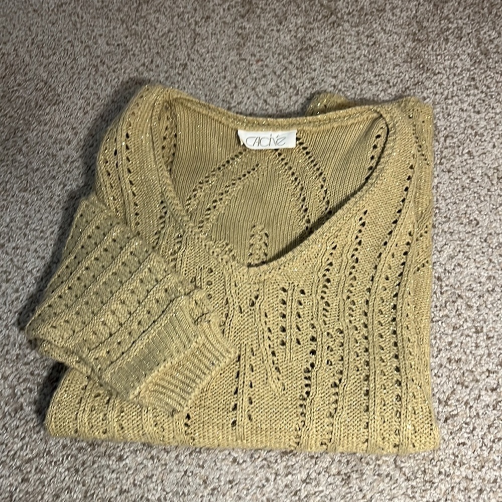 Vintage Cache Metallic Gold Knit V neck Loose Knit Slouchy Sweater